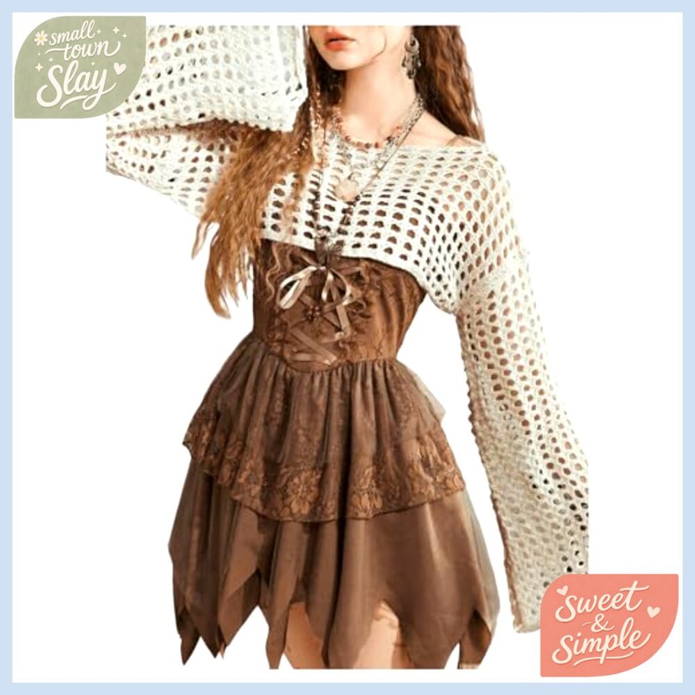 Crochet Shrug Hollow Knit Bolero Bell Sleeve Coverup Crop Top Y2K - Picture 5 of 6
